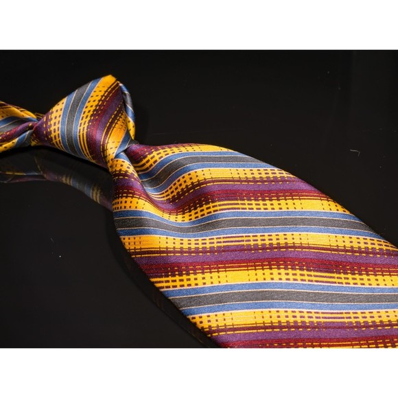 Jhane Barnes Yellow Burgundy Striped 100% Silk Men's Designer Tie Japan - Picture 1 of 5